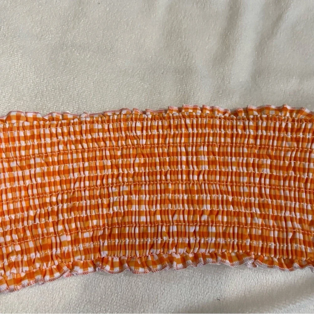 New! Frankie's Bikinis Iris Orange White Gingham Bandeau bikini Top 1579